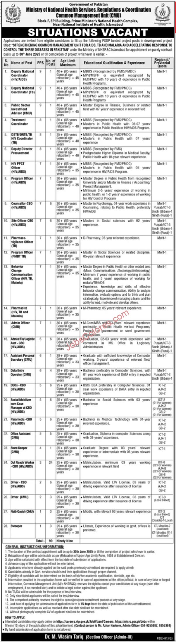 Ministry of National Health Services Regulations and Coordination Jobs 2024 