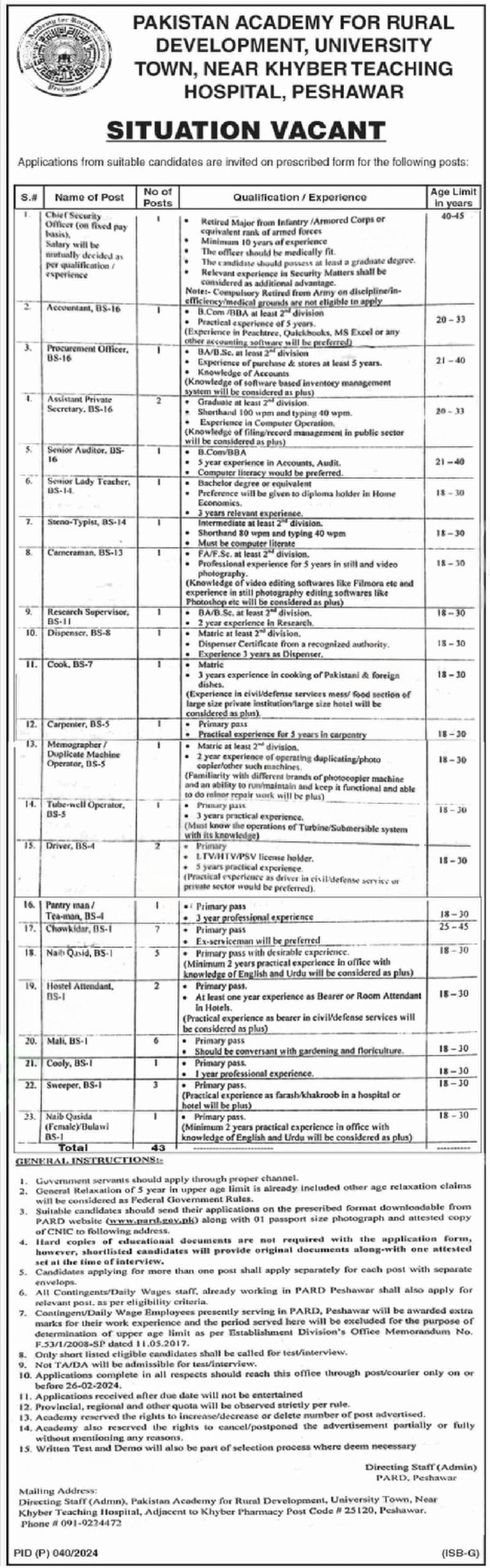 Pakistan Academy for Rural Development Jobs 2024 