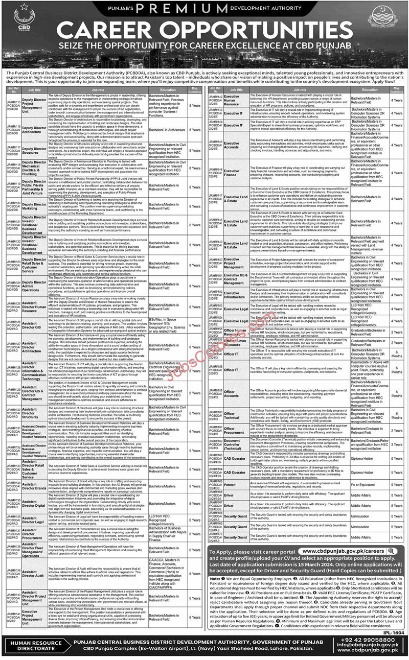 Punjab Central Business District Development Authority Jobs 2024