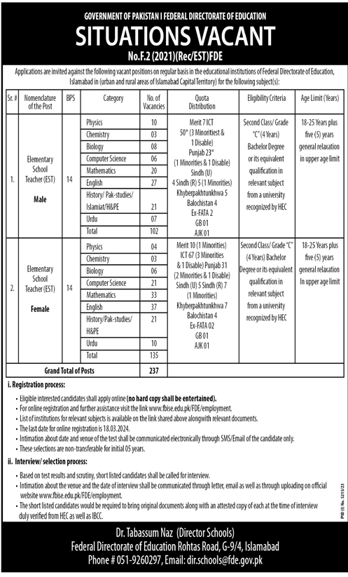 Federal Directorate of Education FDE Jobs 2024 