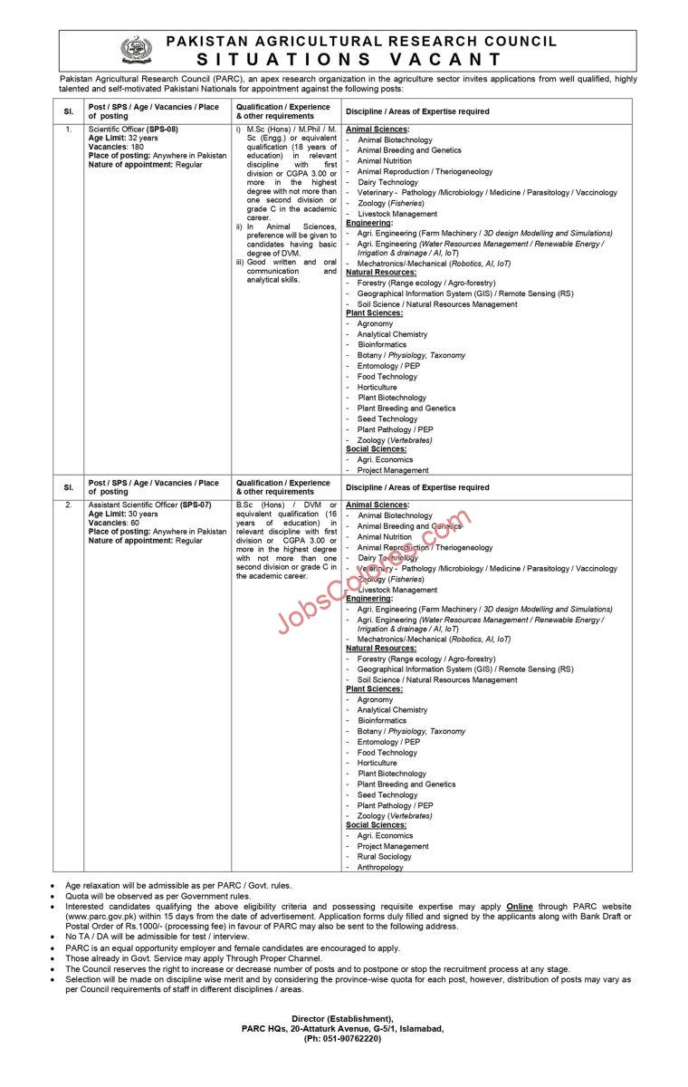 Pakistan Agriculture Research Council Jobs 2024 