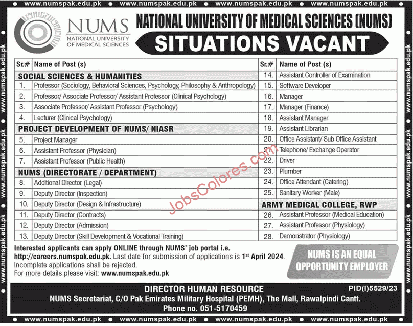 NUMS University Rawalpindi Jobs 2024 