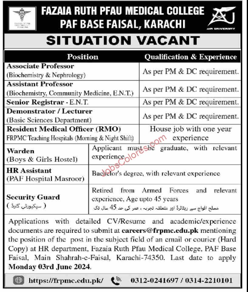 Fazaia Ruth PFAU Medical College Karachi Jobs 2024 